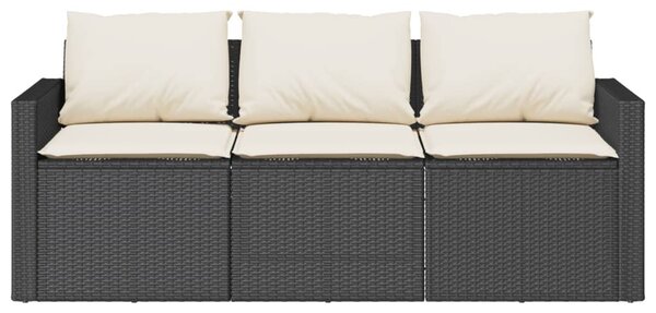 Fekete 3 személyes polyrattan kerti kanapé párnákkal