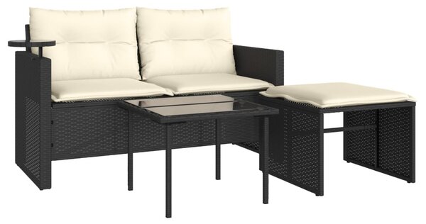 3 részes fekete polyrattan kerti ülőgarnitúra párnával
