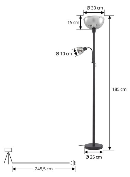Lindby állólámpa Nehemia, fekete, üveg, olvasólámpa, 185 cm, Fekete, Nappali / Étkező, fém, Modern