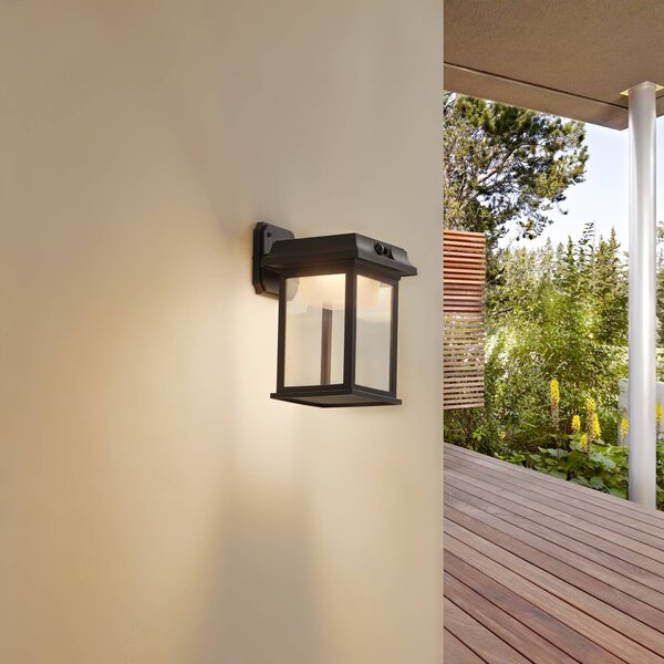 Lindby napelemes LED-es fali lámpa Latarka, magasság 27,5 cm, érzékelővel, Fekete, Műanyag, Modern