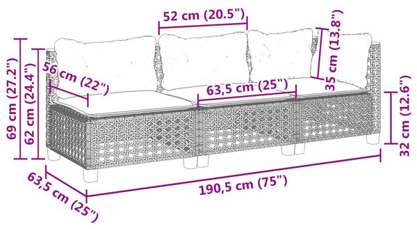 3 személyes szürke polyrattan kerti kanapé párnával