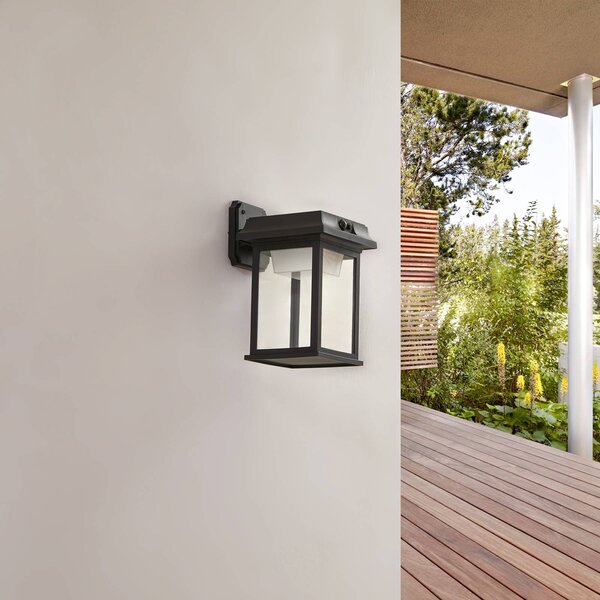 Lindby napelemes LED-es fali lámpa Latarka, magasság 27,5 cm, érzékelővel, Fekete, Műanyag, Modern