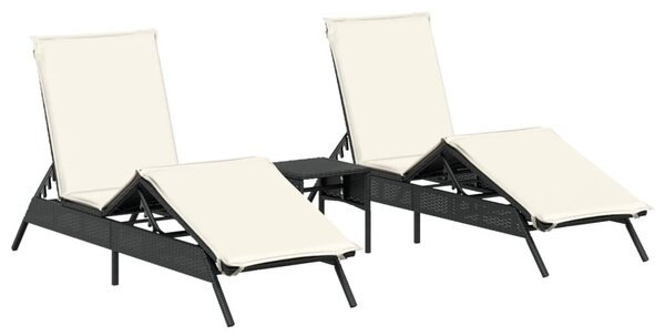 2 db fekete polyrattan napozóágy asztallal