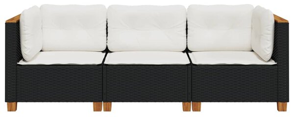 Fekete 3 személyes polyrattan kerti kanapé párnákkal
