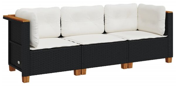 Fekete 3 személyes polyrattan kerti kanapé párnákkal