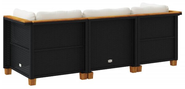 Fekete 3 személyes polyrattan kerti kanapé párnákkal
