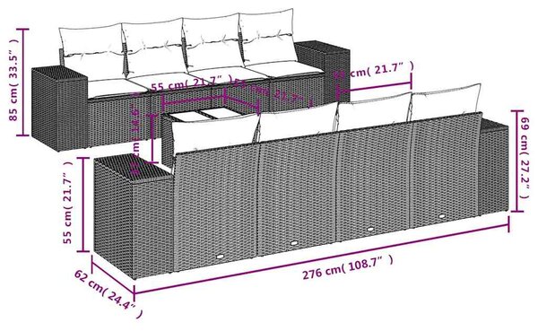 9 részes világosszürke polyrattan kerti ülőgarnitúra párnával