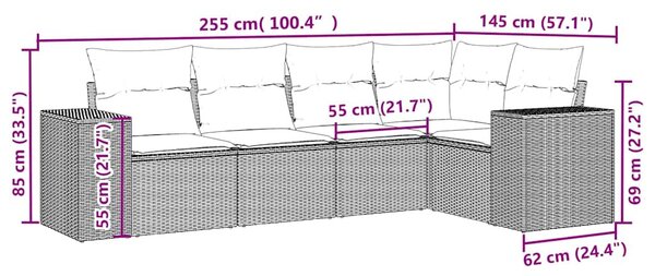 5 részes világosszürke polyrattan kerti ülőgarnitúra párnákkal