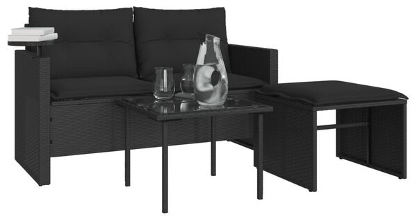 3 részes fekete polyrattan kerti ülőgarnitúra párnával