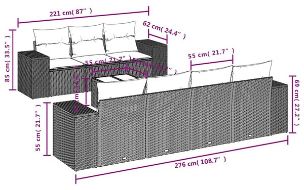 8 részes világosszürke polyrattan kerti ülőgarnitúra párnával