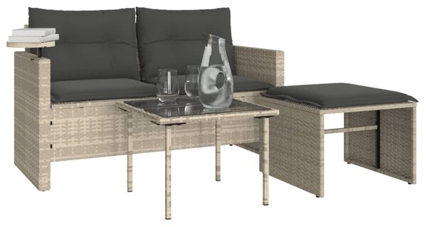 3 részes világosszürke polyrattan kerti ülőgarnitúra párnával
