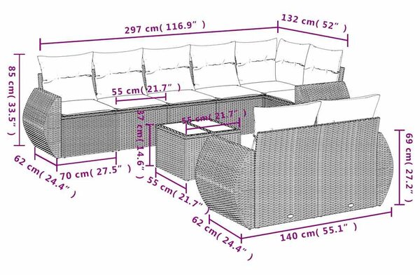 9 részes világosszürke polyrattan kerti ülőgarnitúra párnával