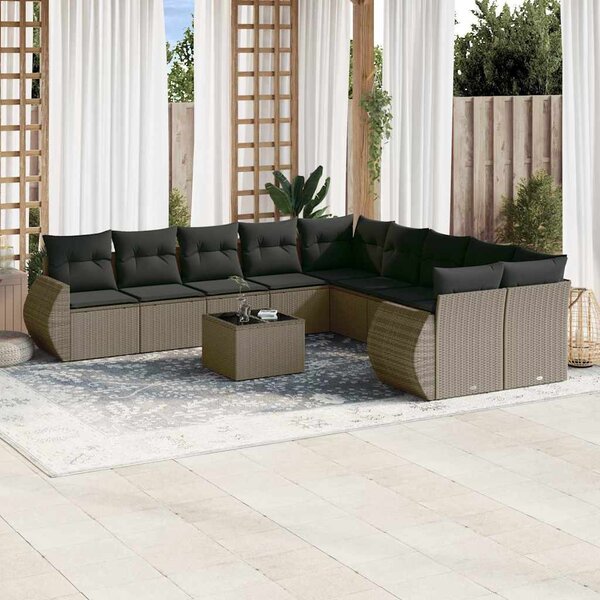 11 részes világosszürke polyrattan kerti ülőgarnitúra párnákkal