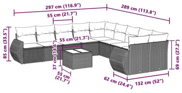 11 részes világosszürke polyrattan kerti ülőgarnitúra párnákkal