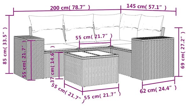 5 részes világosszürke polyrattan kerti ülőgarnitúra párnákkal