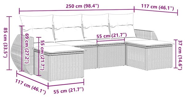 6 részes világosszürke polyrattan kerti ülőgarnitúra párnákkal