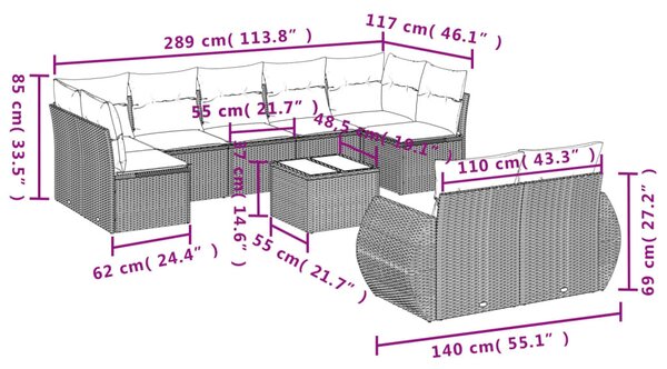 10 részes világosszürke polyrattan kerti ülőgarnitúra párnákkal