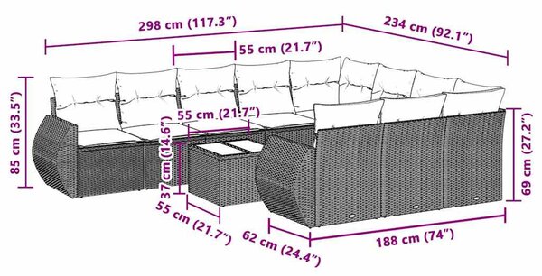 11 részes világosszürke polyrattan kerti ülőgarnitúra párnákkal