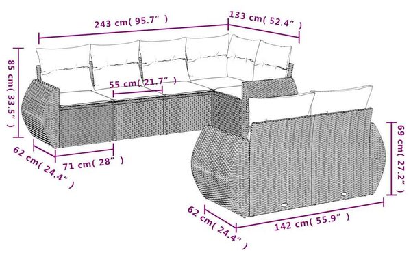 7 részes világosszürke polyrattan kerti ülőgarnitúra párnákkal
