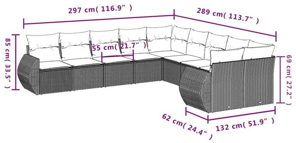 10 részes világosszürke polyrattan kerti ülőgarnitúra párnákkal