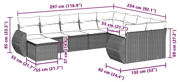 10 részes világosszürke polyrattan kerti ülőgarnitúra párnákkal