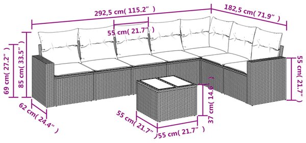 8 részes világosszürke polyrattan kerti ülőgarnitúra párnával