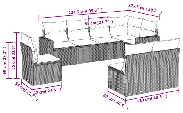 8 részes világosszürke polyrattan kerti ülőgarnitúra párnával
