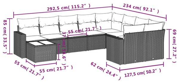10 részes világosszürke polyrattan kerti ülőgarnitúra párnákkal