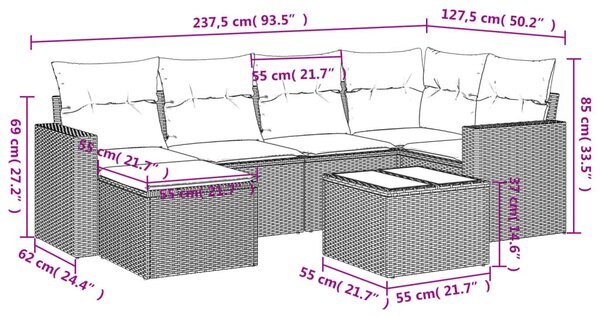 7 részes világosszürke polyrattan kerti ülőgarnitúra párnákkal