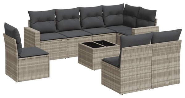 9 részes világosszürke polyrattan kerti ülőgarnitúra párnával