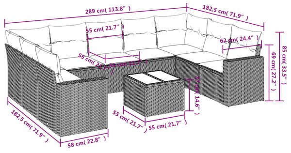 10 részes világosszürke polyrattan kerti ülőgarnitúra párnákkal
