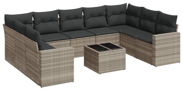 10 részes világosszürke polyrattan kerti ülőgarnitúra párnákkal