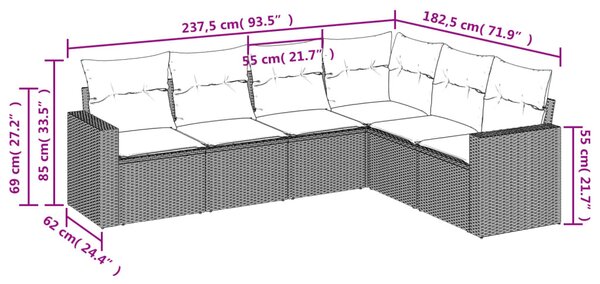 6 részes világosszürke polyrattan kerti ülőgarnitúra párnákkal