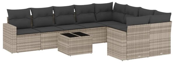 10 részes világosszürke polyrattan kerti ülőgarnitúra párnákkal