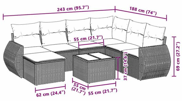 8 részes világosszürke polyrattan kerti ülőgarnitúra párnával