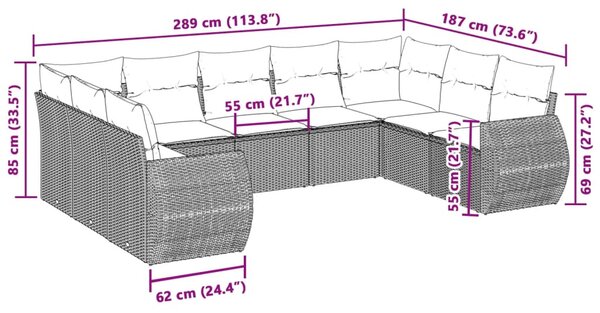 9 részes világosszürke polyrattan kerti ülőgarnitúra párnával