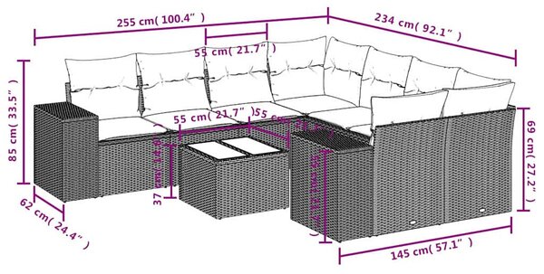 9 részes világosszürke polyrattan kerti ülőgarnitúra párnával