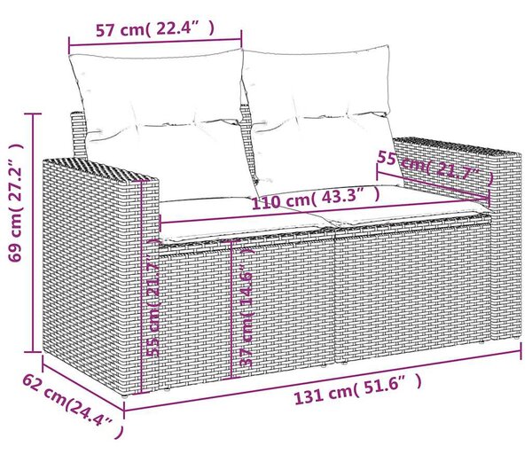 2 személyes világosszürke polyrattan kerti kanapé párnával