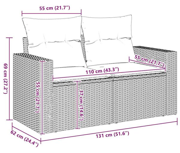 2 személyes bézs polyrattan kerti kanapé párnával
