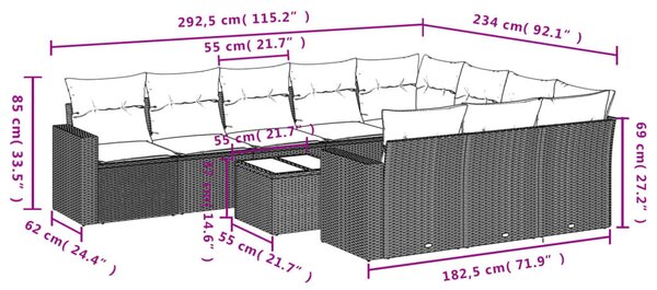 11 részes világosszürke polyrattan kerti ülőgarnitúra párnákkal