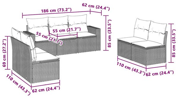 7 részes világosszürke polyrattan kerti ülőgarnitúra párnákkal