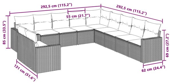 11 részes világosszürke polyrattan kerti ülőgarnitúra párnákkal