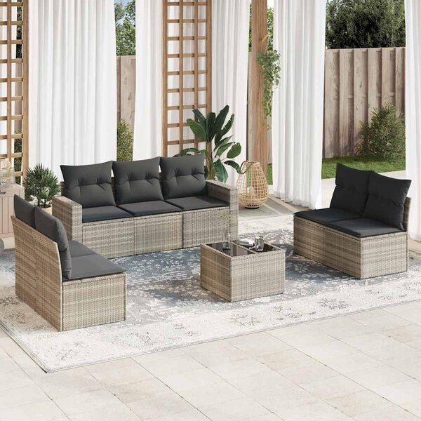 8 részes világosszürke polyrattan kerti ülőgarnitúra párnával