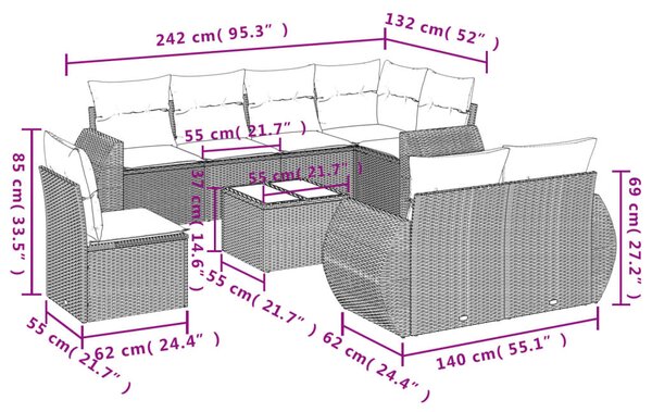 9 részes bézs polyrattan kerti ülőgarnitúra párnákkal
