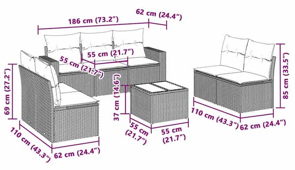 8 részes világosszürke polyrattan kerti ülőgarnitúra párnával