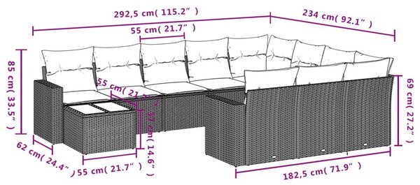 11 részes világosszürke polyrattan kerti ülőgarnitúra párnákkal
