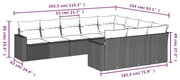 10 részes világosszürke polyrattan kerti ülőgarnitúra párnákkal