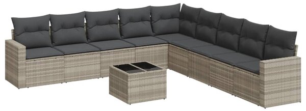 10 részes világosszürke polyrattan kerti ülőgarnitúra párnákkal