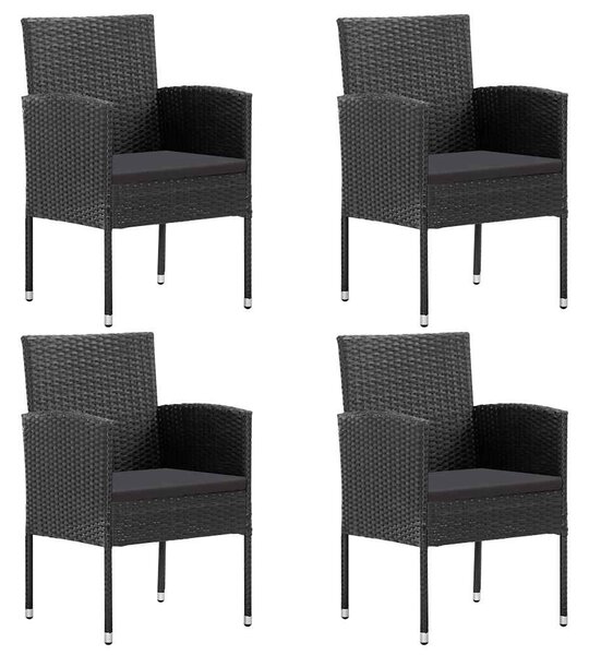 4 db fekete polyrattan kerti szék fekete párnákkal