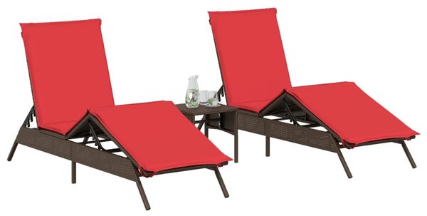 2 db barna polyrattan napozóágy asztallal